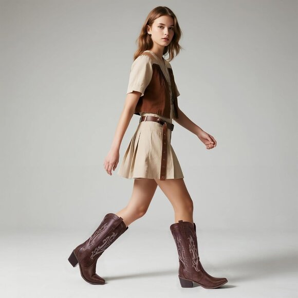 Women's Vintage Dark Brown Embroidered Mid Calf Chunky Western Heel Boots - Picture 3 of 7